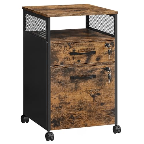 VASAGLE 2 Drawer File Cabinet with Lock, Rolling Printer Stand - color: Rustic Brown + Ink Black, size: with Lock and Fences