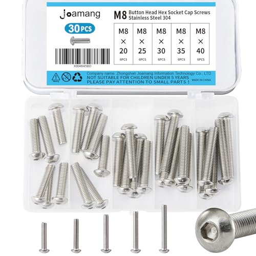 M8 x 20mm 25mm 30mm 35mm 40mm Button Head Socket Cap Screws Bolts, Stainless Steel 304, Metric Allen Hex Drive, Bright Finish, Fully Threaded, Assortment Kit 30PCS - size: Button M8x20-40 mm