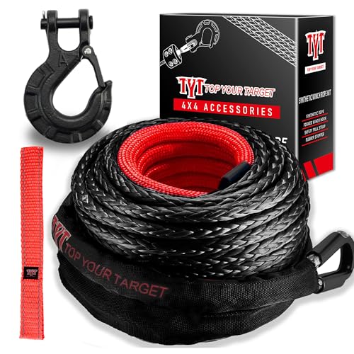 TYT Synthetic Winch Rope Kit - 3/8" x 92' with 27000 lbs Strength, Protective Sleeve, Heavy Duty Hook and Safety Pull Strap for Off-Road 4x4 Vehicles (Black) - color: Black, size: 3/8" x 92'