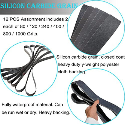 12 PCS 2 x 72 Inch Silicon Carbide Sanding Belts Assortment- 80, 120, 240, 400, 800, 1000 Grits Premium Sander Belts For Knife Sharpening and Metalworking - size: 2 x 72