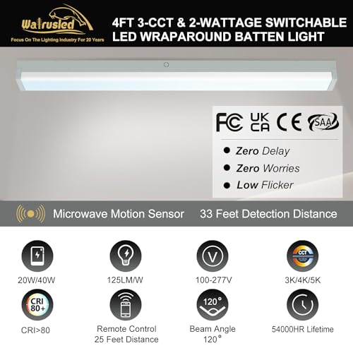 4FT Tri-Level Motion Sensor LED Wraparound Stairwell Light with Remote, IP20, 20W(2500lm)/40W(5000lm), 3/4/5000K CCT, 100-277V, Dimmable, Flush Mount LED Wrap Shop Ceiling Light Fixture, FCC, 2-Pack - color: 3000K/4000K/5000K, size: 4FT 2 Pack