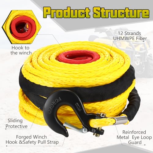 Marsui 1/2" x 100 ft Synthetic Winch Rope Cable Kit, 32000lbs, Yellow - color: Yellow, size: 1/2" X 100 ft