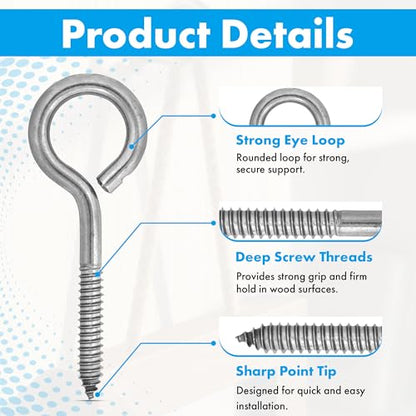 Harrier Hardware Stainless Steel Screw Eyes, 3/8 x 4-7/8-Inch, Heavy Duty Eye Bolts, 250lb Safe Working Load, Rust Resistant, 3-Pack