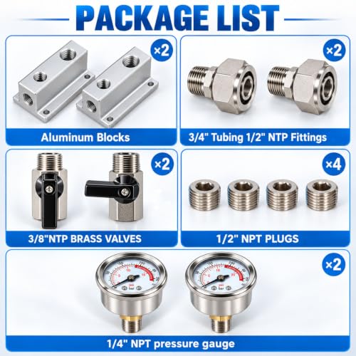 3/4" shop air line kit with Pressure Gauge, 2Port Aluminum Manifold - color: with Pressure Gauge