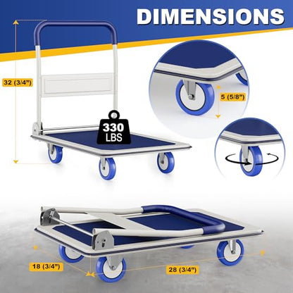 Foldable Push Cart Dolly | 330 lbs. Capacity | Heavy Duty Moving Platform Hand Truck with Swivel Wheels | Small Flatbed Cart | Space Saving Push Handle-b3 - color: Bluee-330 Lbs. Capacity