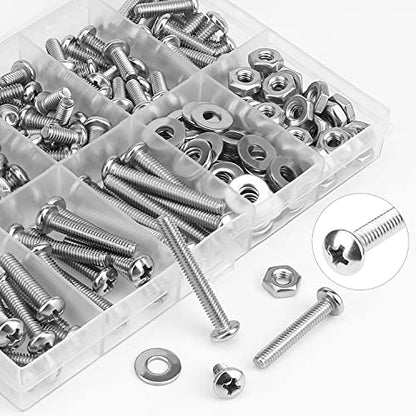 HELIFOUNER 200 Pieces #8-32 Phillips Pan Head Machine Screws Nuts Washers Assortment Kit, Coarse Thread, Fully Machine Threaded, 304 Stainless Steel - size: #8-32, style: Phillips Pan Head
