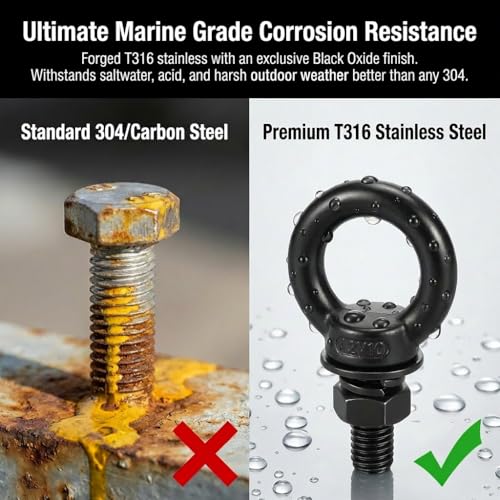 6 Pack M6 x 1" T316 Stainless Steel Eye Bolts with Nuts, Black Shouldered Lifting Eye Bolt Kit with Lock Washers (Approx 1/4" Thread Diameter), Heavy Duty Tie Down Anchor for Thick Wood, Marine - size: M6 x 1''