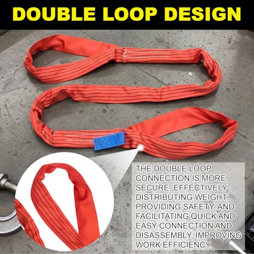 2 Pcs 8.2 Foot Eye and Eye Polyester Round Lift Sling, Choker 11000 Lb, Vertical 5500 Lb, Heavy Duty Straps, Double Loop Diameter 11 in, Red