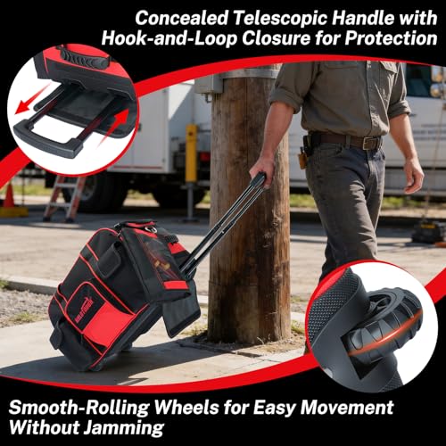 MELOTOUGH Rolling Tool Bag with 3 Zipper Pouches, Heavy Duty Large Tool Bag with Concealed Telescoping Handle, Multi-Pocket Organizer for Construction, Electrician, HVAC - 4 Carrying Options (Red) - style: Rolling Tool Bag Set