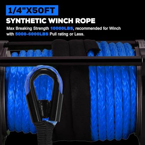 Synthetic Winch Rope Kit, 1/4" x 50ft 10000LBS Blue Winch Cable with Protective Sleeve, Forged Winch Hook, Rubber Stopper and Safety Pull Strap for ATV UTV - color: 1/4"x50ft(Blue)-10000lbs