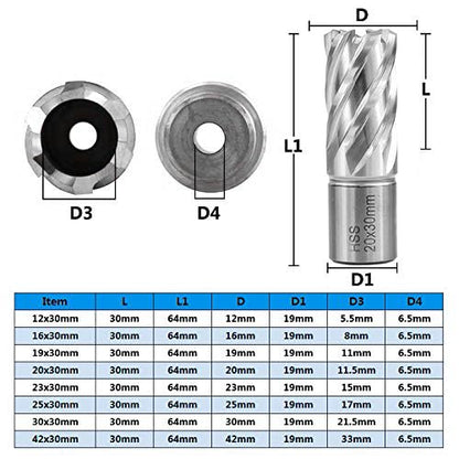 Shank HSS Annular Drill Bit 12-42x30mm TiN Coated Hollow Drill Bit for Metal Cutting Weldon Shank Core Drill Bit (20x30mm) - size: 20x30mm