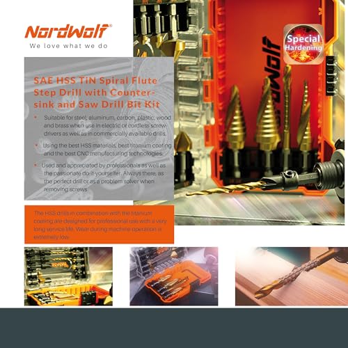 13PCS HSS Titanium Step, Countersink, Saw Drill Bit Set with 1/4" Hex Shank - size: 13 pcs
