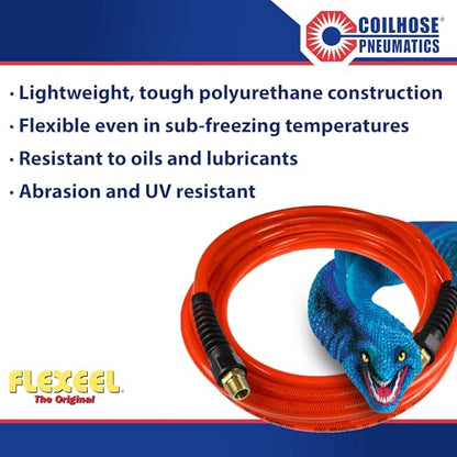 Coilhose Pneumatics PFE60254TR Flexeel Reinforced Polyurethane Air Hose, 3/8" ID, 25' Length with (2) 1/4" MPT Reusable Strain Relief Fittings - color: Transparent Red, size: 3/8" X 25 Feet, 1/4" FTG