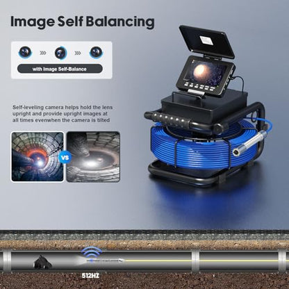 Sewer Camera with self-Leveling & 512Hz Transmitter sonda Drain Snake 164ft Plumbing Inspection Camera 5" Screen DVR Included 16GB TF-Card (165ft) - size: 49M
