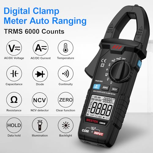 MESTEK Digital Clamp Meter Multimeter, TRMS 6000 Counts 600A Current Amp Volt Meter, Auto-Ranging Voltage Tester Measures AC DC Current Voltage Resistance Capacitance Temperature Diodes Continuity NCV