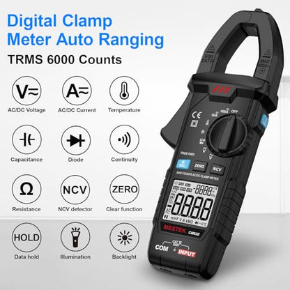 MESTEK Digital Clamp Meter Multimeter, TRMS 6000 Counts 600A Current Amp Volt Meter, Auto-Ranging Voltage Tester Measures AC DC Current Voltage Resistance Capacitance Temperature Diodes Continuity NCV