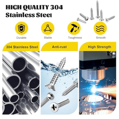915pcs Self Tapping Screws Assortment Kit, M3/M4/M5/M6 Metric Flat Head & Pan Head Sheet Metal Screws Assorted Set, 304 Stainless Steel Wood Screw - size: 915pcs M3M4M5 Silver
