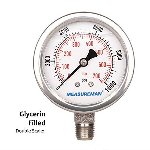 MEASUREMAN 2-1/2" dial,Glycerin Filled Hydraulics Pressure Gauge Stainless Steel case, 316 SS Wetted Part, 0-10000psi/bar1/4 NPT,Lower Mount - size: 0-10000 psi, style: Lower Mount(100% Stainless Steel)