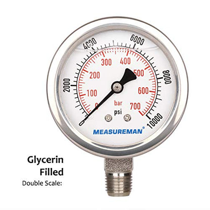 MEASUREMAN 2-1/2" dial,Glycerin Filled Hydraulics Pressure Gauge Stainless Steel case, 316 SS Wetted Part, 0-10000psi/bar1/4 NPT,Lower Mount - size: 0-10000 psi, style: Lower Mount(100% Stainless Steel)