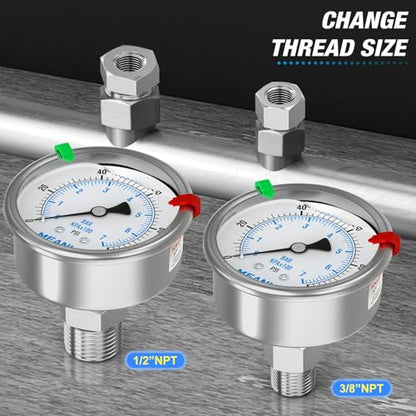 MEANLIN MEASURE 0~100Psi Stainless Steel Liquid Filled Pressure Gauge 2.5" FACE DIAL 1/4" NPT for Well Pump Tire Water Pressure Tester Back Mount with Stainless Steel Hex Bushing and Snaps - size: 0-100Psi, style: Back Mount