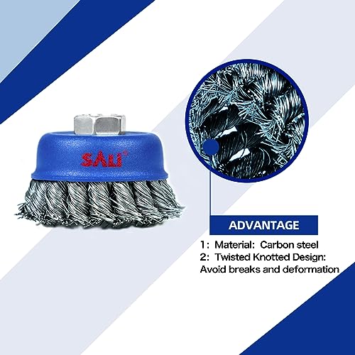 SALI 12 Pack Wire Cup Brush, 3 Inch Twisted Knotted Cup Brush for Grinders, with 5/8-11 Inch Arbor for Heavy Cleaning Rust, Stripping and Abrasive, for Angle Grinder - style: Twiste Wire
