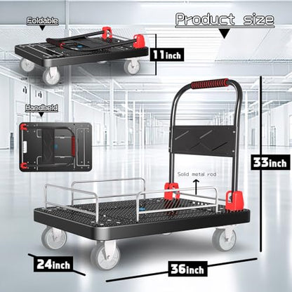 Heavy Duty Platform Trucks Flatbed Cart with Brake Wheels & Fence - color: Black, size: 36"x24"
