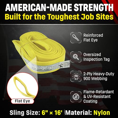 DD Sling 6 Inch x 16 Foot Nylon Lifting Sling – USA Made, 16,300 lb Vertical, 13,000 lb Choker, 32,600 lb Basket – 2-Ply Heavy Duty 900 Webbing, Type 3 Flat Eye & Eye Rigging Sling - size: 6" x 16'