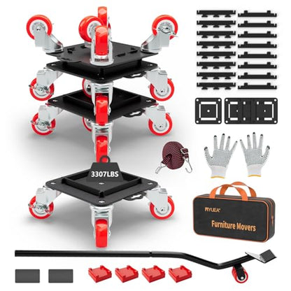 MYUEA Furniture Dolly 5 Wheels Heavy Duty with Removable Side Guards,3307 Lbs Capacity,360° Rotating Wheels & Side Brake,Furniture Movers Lifter Tool with Wheels for Appliances,Sofas,Beds,Pianos - color: Red, size: 1.97 in wheels