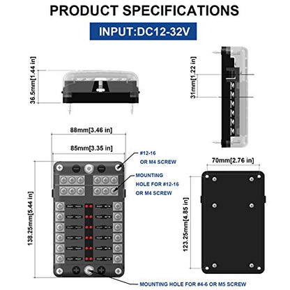 BlueFire 12 Way Blade Fuse Box Fuse Box Holder Standard Circuit Fuse Holder Box Block with LED Light Indication & Protection Cover for Car Boat Marine Trike Car Truck Vehicle SUV Yacht RV - color: 12 Way