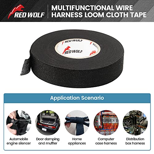 RED WOLF Wire Electrical Tape, 3/5 Inch x 50 Feet 5-Roll, Felt Cloth Electric Tape Noise Dampening High Temp Wiring Loom Harness, Self-Adhesive Fabric Tape for Automotive Engines Wrap Protection