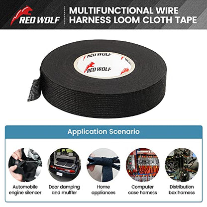 RED WOLF Wire Electrical Tape, 3/5 Inch x 50 Feet 5-Roll, Felt Cloth Electric Tape Noise Dampening High Temp Wiring Loom Harness, Self-Adhesive Fabric Tape for Automotive Engines Wrap Protection