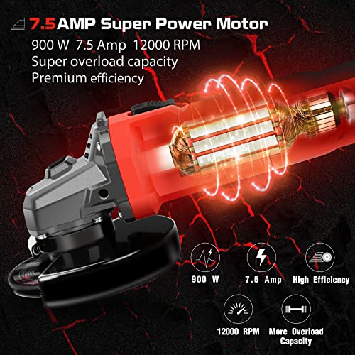 7.5Amp 4-1/2 Inch 12000 RPM Angle Grinder with 2 Guards, 3 Cutting Wheels, 3 Discs, Non-Slip Handle and Carbon Brush for Metal and Wood - size: Constant-Speed
