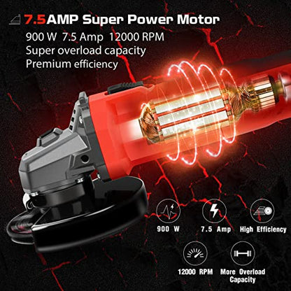 7.5Amp 4-1/2 Inch 12000 RPM Angle Grinder with 2 Guards, 3 Cutting Wheels, 3 Discs, Non-Slip Handle and Carbon Brush for Metal and Wood - size: Constant-Speed