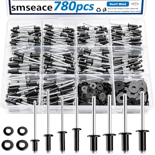 smseace 780Pcs Black Pop Rivets Kit with 304 Stainless Steel Washers, 10-Size SAE Blind Rivet 1/8 3/16 Inch,Metal Blind Rivets for Furniture Automotive Instruments Repair - color: Black Aluminum, size: 780Pcs