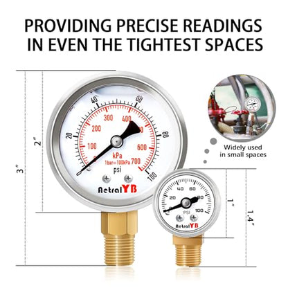 1 Inch Mini Pressure Gauge, 0-100 PSI Gauge, 1/8” NPT Lower Mount, Stainless Steel Case, Brass Internal, ±2.5% Accuracy, Pressure Gauge for Coffee Machines, Air Compressors, and Water Pumps - size: 0-100 PSI, style: Lower Monut