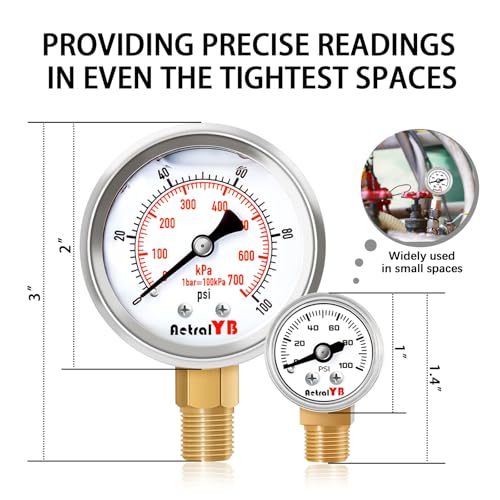 1 Inch Mini Pressure Gauge, 0-100 PSI Gauge, 1/8” NPT Lower Mount, Stainless Steel Case, Brass Internal, ±2.5% Accuracy, Pressure Gauge for Coffee Machines, Air Compressors, and Water Pumps - size: 0-100 PSI, style: Lower Monut