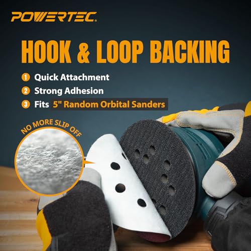 POWERTEC 50PK, 40 Grits, Sanding Discs 5 Inch - Hook and Loop, 5 Inch 8 Hole Aluminum Oxide Sandpaper Discs, Woodworking Sanding Pads for Random Orbital, Palm, Air, DA & Pneumatic Sander (45004-P2)