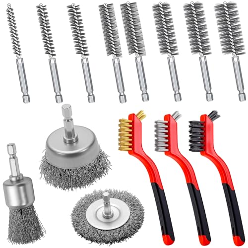14Pcs Drill Wire Bore Cleaning Brushes, Wire Wheel and Pen Brush Set with 1/4-Inch Hex Shank, Nylon/Brass/Stainless Steel Bristles for Rust, Dirt & Paint Scrubbing Cleaning