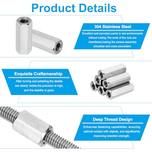 PATIKIL 1/2"-13 UNC 304 Stainless Steel Hex Coupling Nuts, 3Pcs 0.8" Length Fully Threaded Rod Coarse Coupling Nut Studding Connector Fasteners, Silver Tone - size: 1/2"-13 x 0.8"