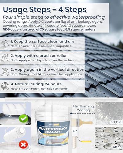 Transparent Waterproof Coating, TUFINEIN 1.32 Gallon Invisible Waterproof Agent Indoor & Outdoor Sealant Water-Based Clear Sealant Roofs, Walls, Garden, Terraces - size: 1.32 Gal
