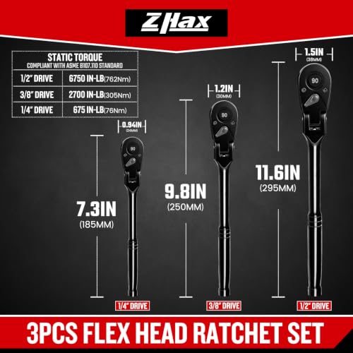 zhax 3-Piece Flex-Head Ratchet Set, 1/4”, 3/8”, 1/2” Drive 90-Tooth Ratchets, Quick Release Reversible Ratchet Wrenches for Repairing, Home, DIY, Chrome Alloy Made
