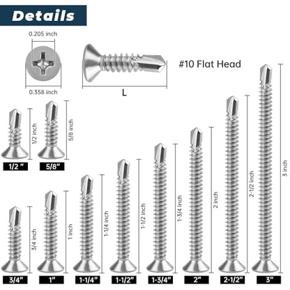 Glvaner 50pcs #10 x 1-1/2" Phillips Flat Head Self Drilling Screws, Stainless Steel 410, Flat Head Self Quick Self Tapping Screws for Sheet Metal Wood Plastic, Without Pre-drilled Holes - size: #10 x 1-1/2