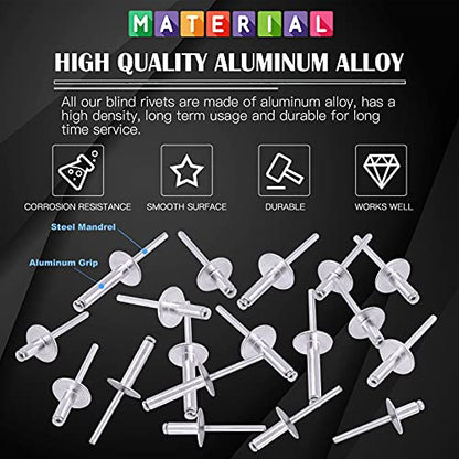 Glarks 240Pcs 3/16" x 3/8'' / 1/2'' / 5/8'' / 3/4'' / 1'' Large Flange Blind Rivets 5 Szie Aluminum Pop Rivets Assortment Set