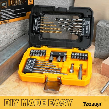 TOLESA 35pcs Drill Bit Set, Titanium Coated, HSS Twist Driver Bit Set