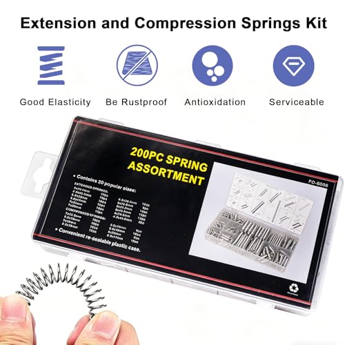 200PCS Spring Assortment Kit Zinc Plated Extension and Compression Springs Kit with 20 Different Sizes for Home Repairs & DIY - size: 200PCS (20 Sizes)