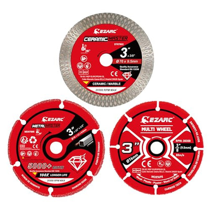 EZARC 3 Inch Cut Off Wheel Set for Metal, Wood, Tile, 3/8" Arbor, 3-Pack