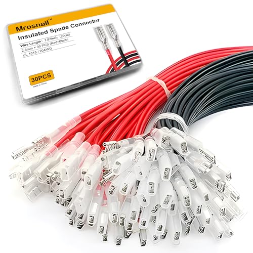 30PCS 2.8mm Female Spade Crimp Terminals with Insulating Sleeves - size: 2.8 mm terminals & 20cm long wires