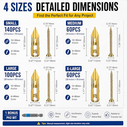 360PCS Self Drilling Drywall Anchors Heavy Duty, Self Drilling Drywall Anchors with Screws Kit, 4 Sizes Metal Dry Wall Anchors for Drywall Heavy Duty, Drywall Self Drilling Anchors with Screws