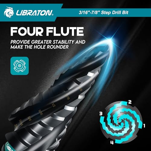 LIBRATON Four Spiral Flute Step Drill Bit Set 3/16"-7/8", M35 Step Bits - style: 3/16'' -7/8''