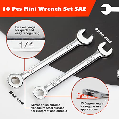 Mini Wrench Set Sae 10 Pcs 5/32" To 7/16" Standard Combination Ignition Wrench Set Small Open End and Box End Spanner with Key Ring for Automotive Technicians and Industrial Users - style: SAE